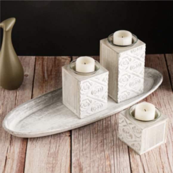 Set of 3 / 3 Sizes - Tealight / Votive Candle Holders with Wooden Stands & Tray - Picture 8 of 11